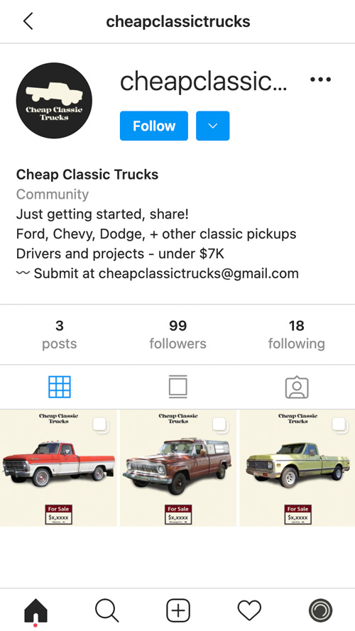 CheapClassicTrucks instagram account screenshot