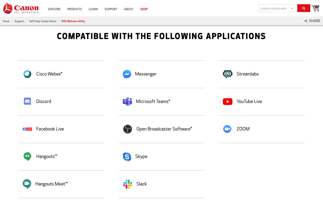 Canon DSLR EOS Webcam Utility software apps compatibility 2021