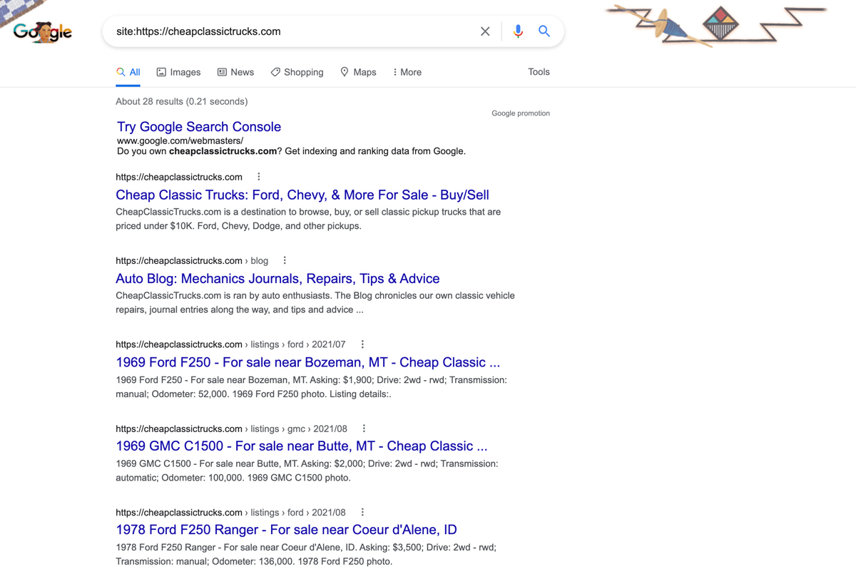 CheapClassicTrucks.com Google indexed pages November 01, 2021 screenshot