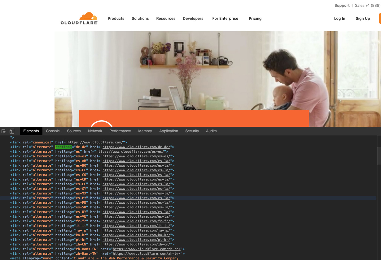cloudflare homepage with majority of hreflang - screenshot
