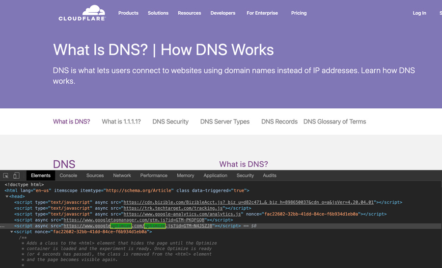 cloudflare website dev tools inspecting google optimize