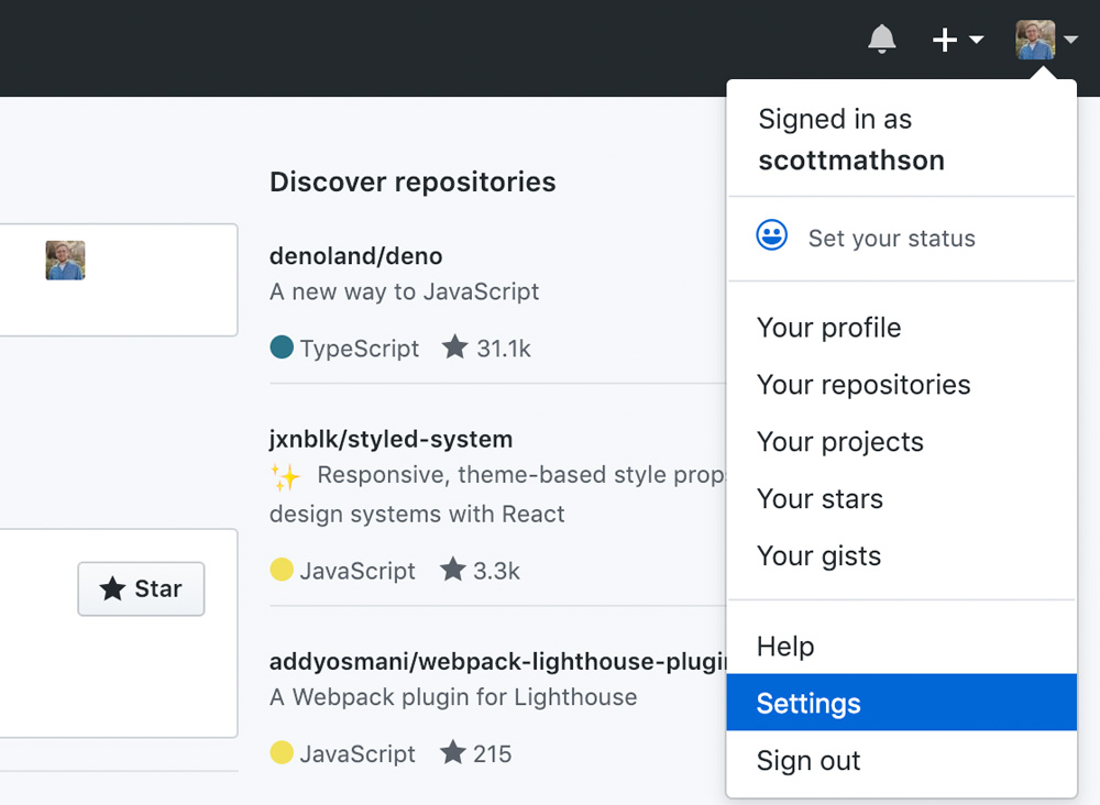 GitHub dashboard profile Settings dropdown