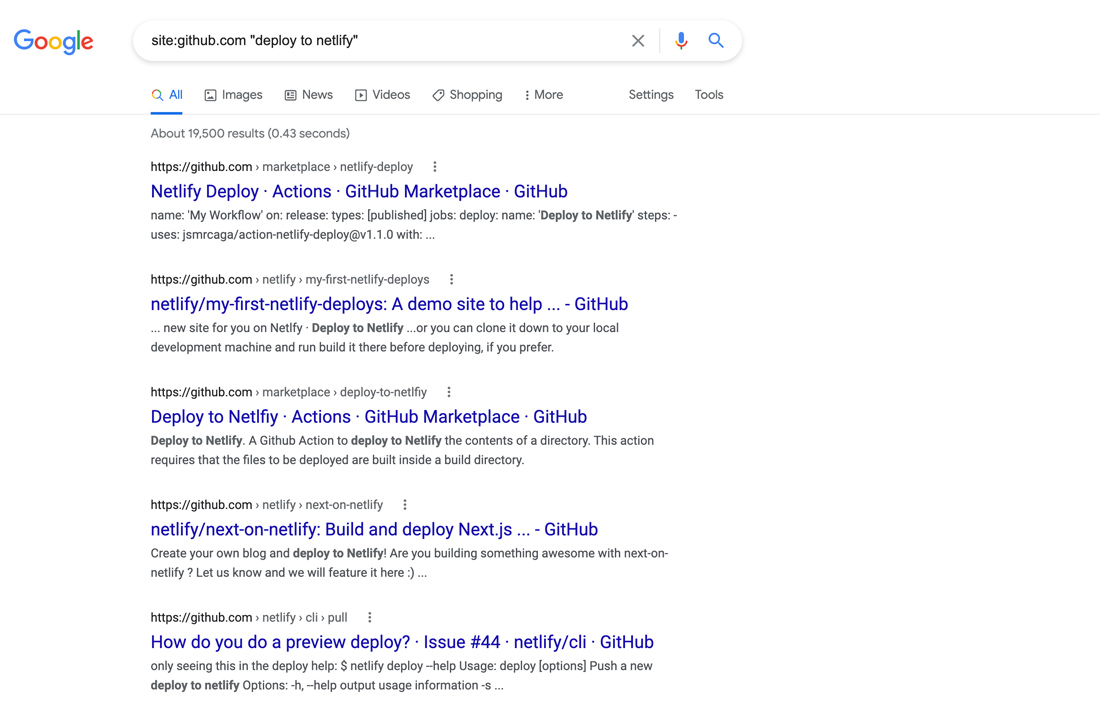 github site: search operator for deploy to netlify, pages indexed in google search screenshot