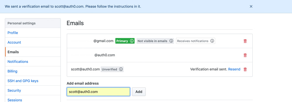GitHub user account add new email address
