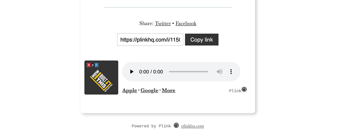 Powered by Plink example on bottom of How I Built This with Guy Raz podcast episode smart link