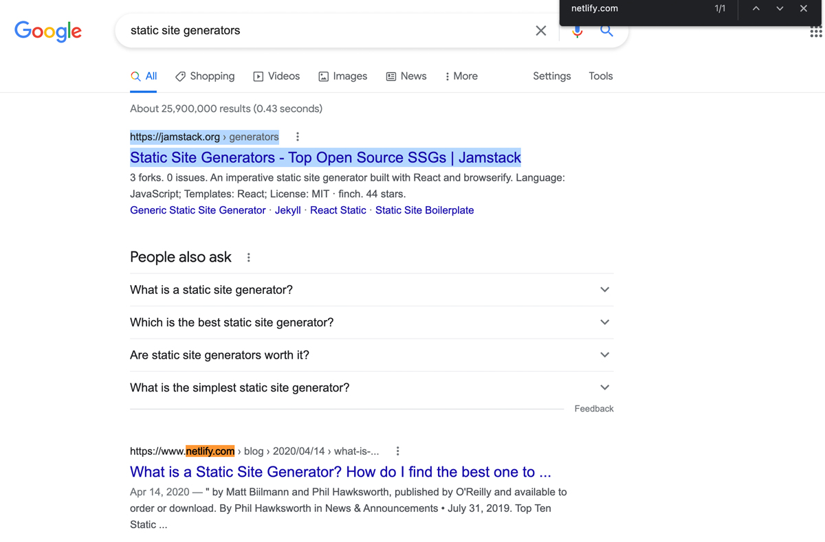 jamstack.org and netlify.com organic ranking static site generator query