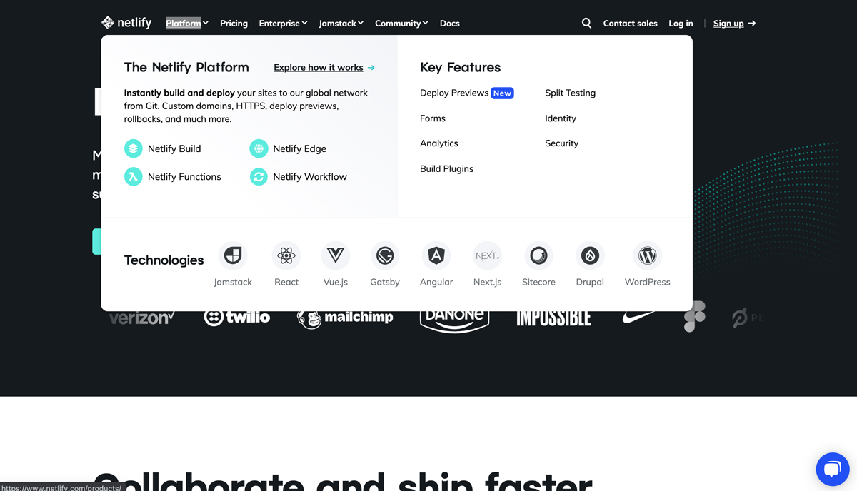 netlify.com enterprise page and platform navigation dropdown may 2021